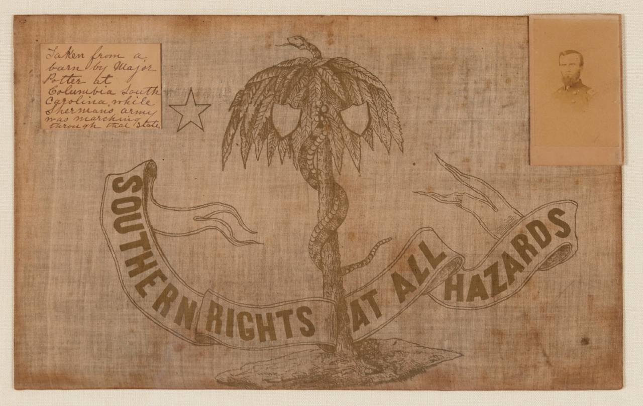 Exceptionally rare, confederate, South Carolina textile, taken by a union officer who accompanied sherman on his march to the sea, shortly following that campaign in 1865:

 Following the Confederate attack on Fort Sumter that initiated the Civil