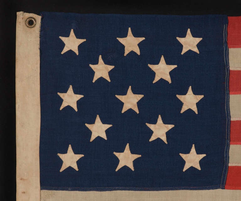 13 Antique American Flag, Hand-Sewn Stars, Small Scale, 1876 Centennial Era In Good Condition In York County, PA