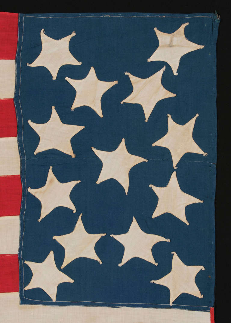 19th Century 13 Whimsical Stars In A Tall And Narrow Canton, On A Homemade Flag