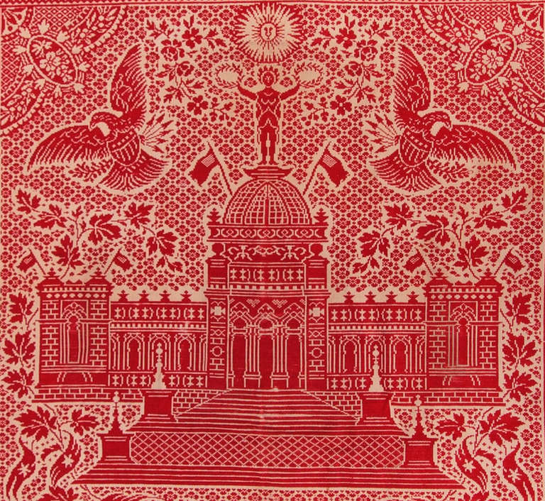 RED & WHITE COVERLET, MADE FOR THE 1876 CENTENNIAL EXPOSITION IN PHILADELPHIA, FEATURING MEMORIAL HALL ART MUSEUM:

 This wonderful jacquard-woven, tied Beiderwand weave coverlet was made for the Centennial International Exposition in Philadelphia