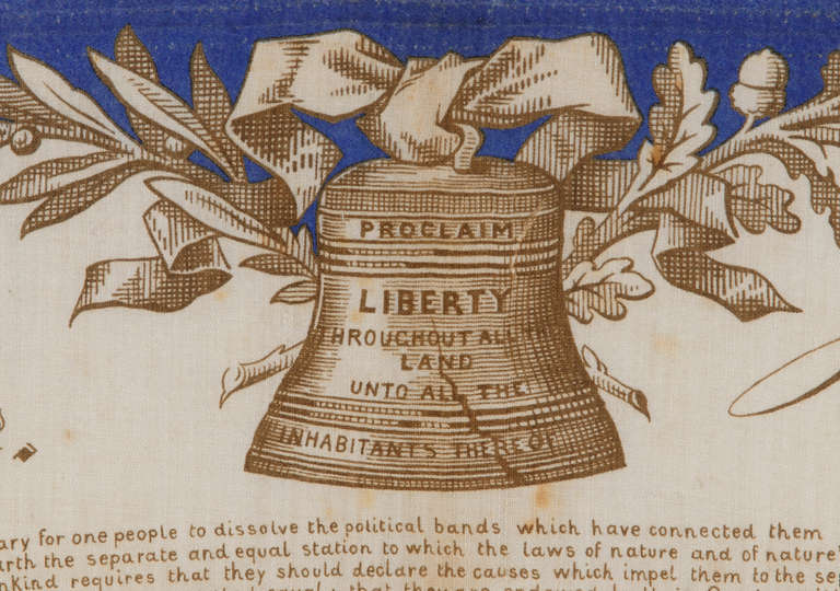 DECLARATION OF INDEPENDENCE, WITH TEXT AND REPRODUCED SIGNATURES, MADE FOR THE 1876 CENTENNIAL INTERNATIONAL EXPOSITION:

Printed on cotton, this beautiful kerchief pays respect to the Declaration of Independence through the reproduction of its