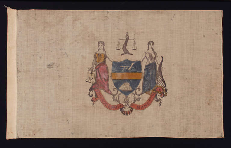 EARLY FLAG OF PHILADELPHIA, PROBABLY 1874-1876, PRINTED ON A WOOL & COTTON BLENDED FABRIC AND HAND-COLORED, EXTREMELY RARE:

 This early variant of the flag of Philadelphia, with the arms of the city on a white field, is among the earliest that I