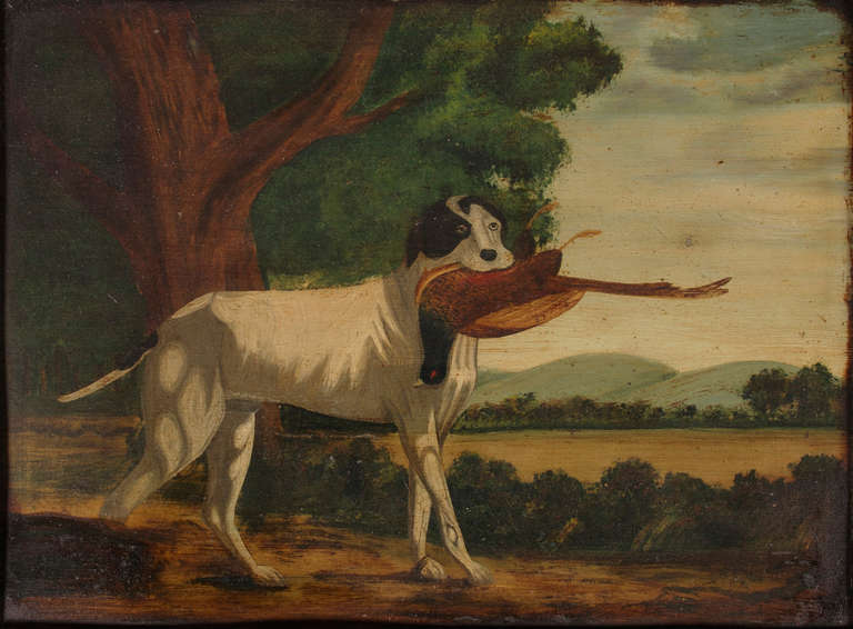 American Folk Painting of a Gun Dog with a Pheasant