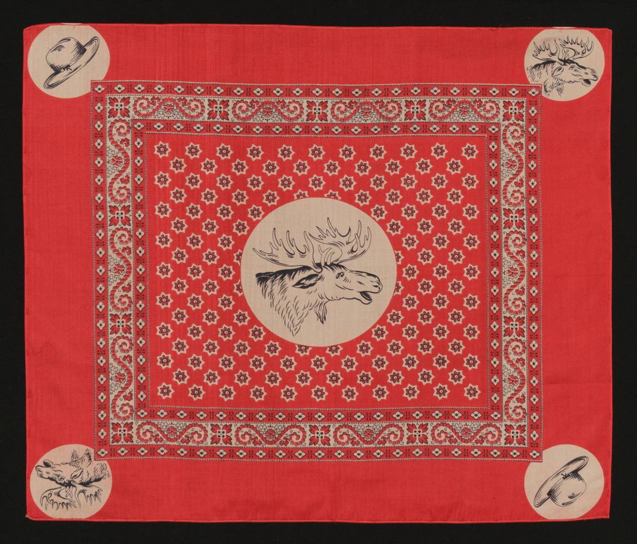 SILK CAMPAIGN KERCHIEF FEATURING A PROMINENT BULL MOOSE, MADE FOR THE 1912 PRESIDENTIAL RUN OF TEDDY ROOSEVELT, WHEN HE RAN ON THE NATIONAL PROGRESSIVE PARTY TICKET:

 Printed silk kerchief, made for the 1912 presidential campaign of Theodore