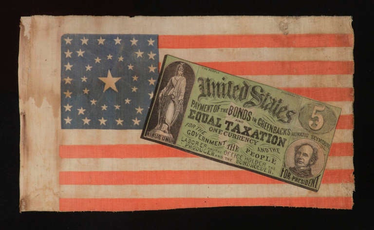 EXTREMELY RARE PARADE FLAG WITH RARE CIRCLE-IN-A-SQUARE STAR CONFIGURATION, MADE FOR THE 1868 PRESIDENTIAL CAMPAIGN OF HORATIO SEYMOUR AND FRANCIS PRESTON BLAIR, JR., WITH HIGHLY UNUSUAL GRAPHICS THAT INCLUDE A “GREENBACK” DOLLAR WITH SEYMOUR’S