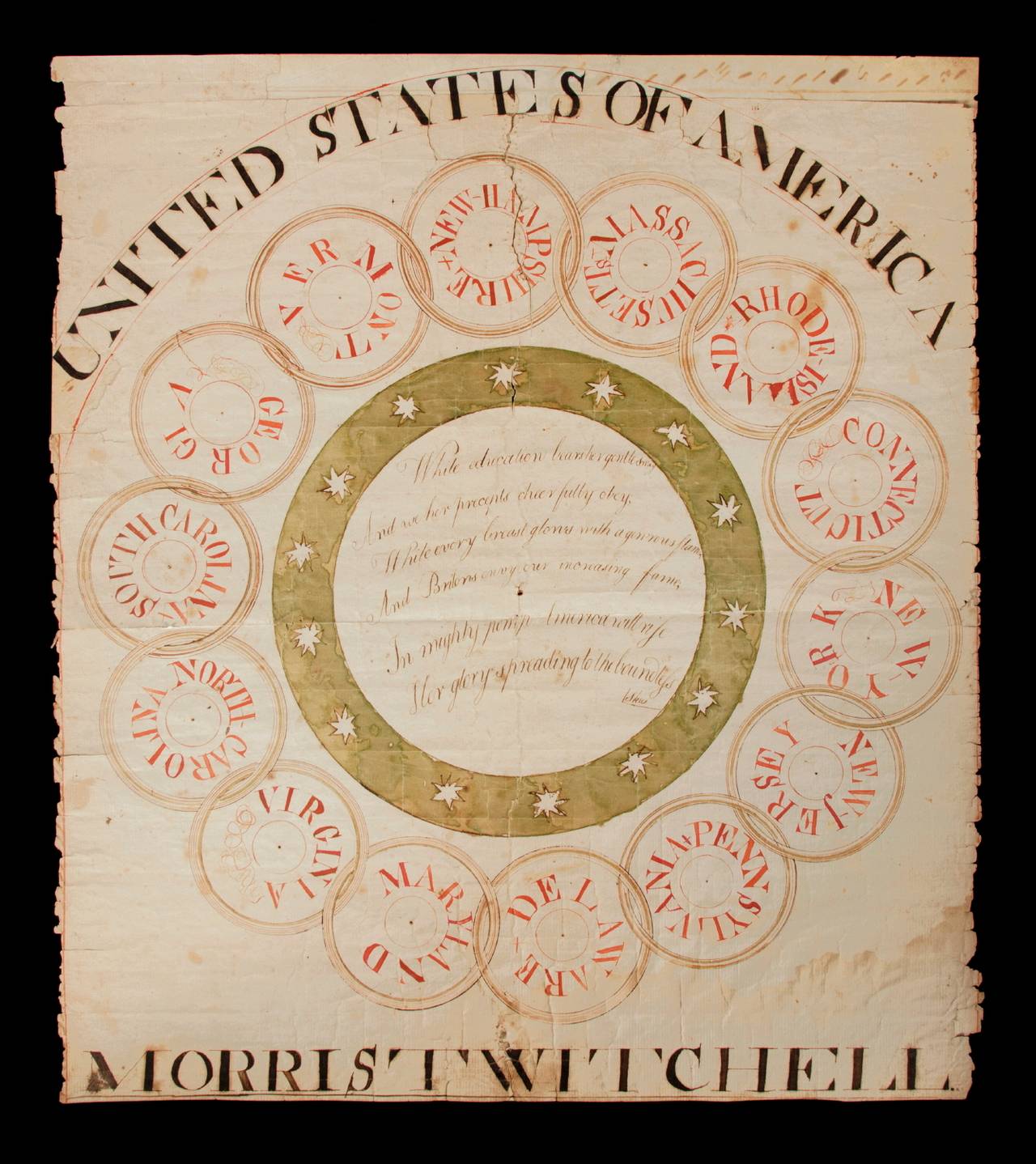 REMARKABLE PATRIOTIC SCHOOLCHILD WATERCOLOR BY MORRIS TWITCHELL, ILLUSTRATING THE ORIGINAL 13 COLONIES PLUS VERMONT AS CONJOINED RINGS, 1791-1792:

 Executed on laid paper, this beautiful patriotic pen and ink, watercolor fraktur drawing, entitled