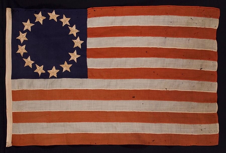 THE EARLIEST BETSY ROSS PATTERN 13 STAR FLAG I HAVE EVER ENCOUNTERED, ENTIRELY HAND-SEWN WITH HAND-EMBROIDERED STARS, 1860’s - 1880’s:<br />
<br />
Not only is this the earliest flag that I have ever encountered in the Betsy Ross pattern, it is