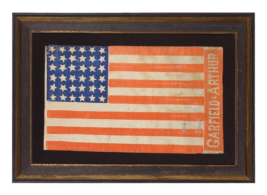 RARE 36 STAR PARADE FLAG, MADE FOR THE 1880 PRESIDENTIAL CAMPAIGN OF GARFIELD AND ARTHUR:<br />
<br />
36 star American National parade flag, made for the 1880 presidential campaign of James A. Garfield and Chester Arthur. This rare style has an