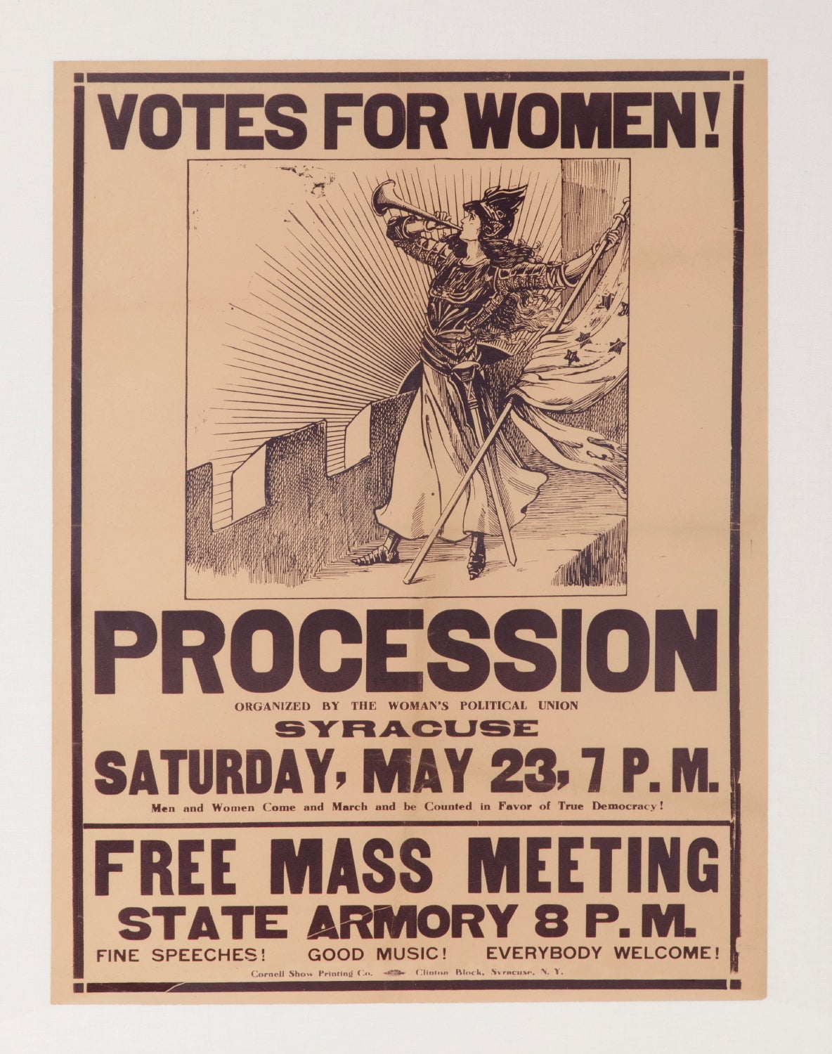Rare Suffragette Broadside Advertising A 1914 March and Subsequent Rally in Syracuse, New York Organized by the NYC-Based Women's Political Union, the Only Known Example in this Style:

Suffragette broadside, printed in deep violet on a white