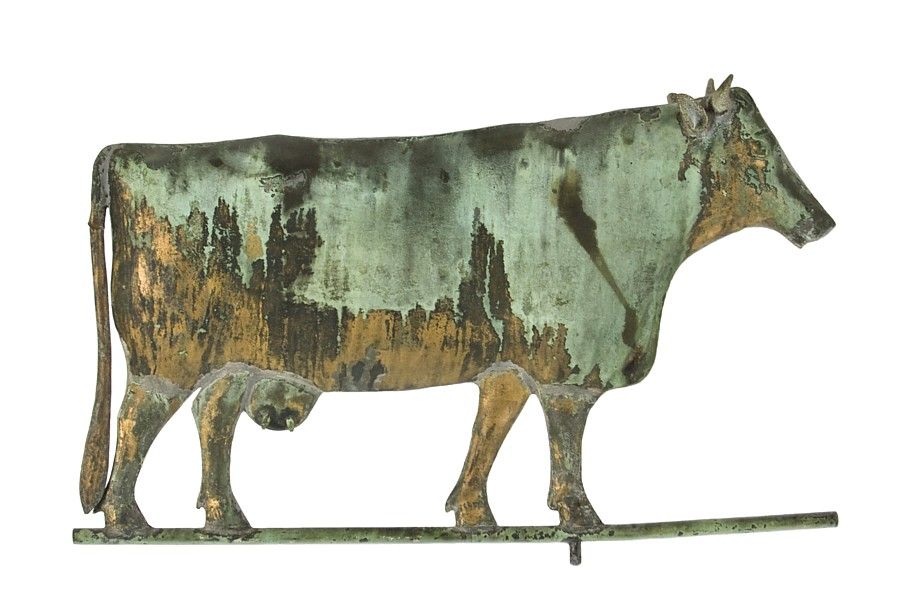 COW WEATHERVANE WITH GREAT FOLK QUALITIES, PURCHASED AT THE DOWNTOWN GALLERY IN NEW YORK IN 1949, TREMENDOUS SURFACE, CA 1870-90:<br />
<br />
The extraordinary surface on this cow weathervane displays early gold gilt, covered by a mix of hardened