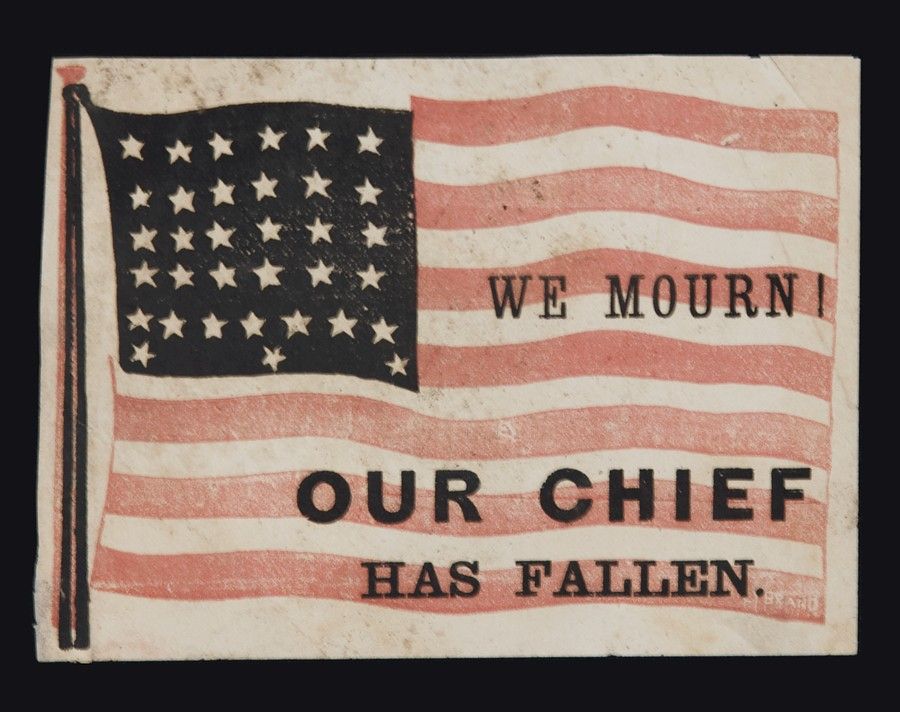 EXTREMELY RARE ABRAHAM LINCOLN MOURNING FLAG: “	WE MOURN! OUR CHIEF HAS FALLEN.”, PRINTED ON PAPER, 1865, SIGNED “LYBRAND”:<br />
<br />
A series of 34 star paper parade flags like this one was made in mourning of Lincoln's death, following his