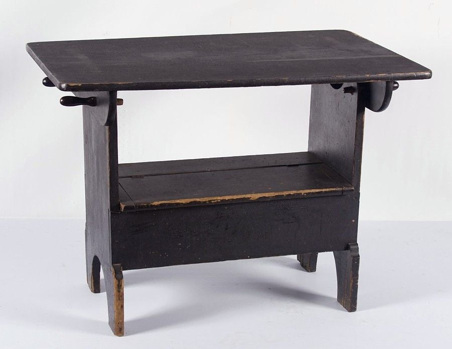 PENNSYLVANIA HUTCH TABLE IN BLACK PAINT WITH OUTSTANDING SURFACE, ca 1850:<br />
<br />
Small scale Pennsylvania hutch table with original, black paint and in original, untouched surface that displays beautiful, thick crazing. The form is