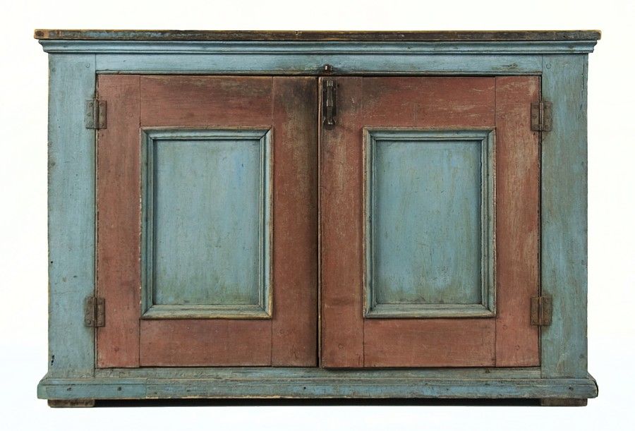TWO-DOOR PAINTED QUEBEC CUPBOARD / SERVER IN ROBIN’S EGG BLUE WITH RED TRIM, 1810-30:

This little Quebec two-door cupboard / server has the nicest combination of Robin’s egg blue and red paint that any collector could wish for on a piece of