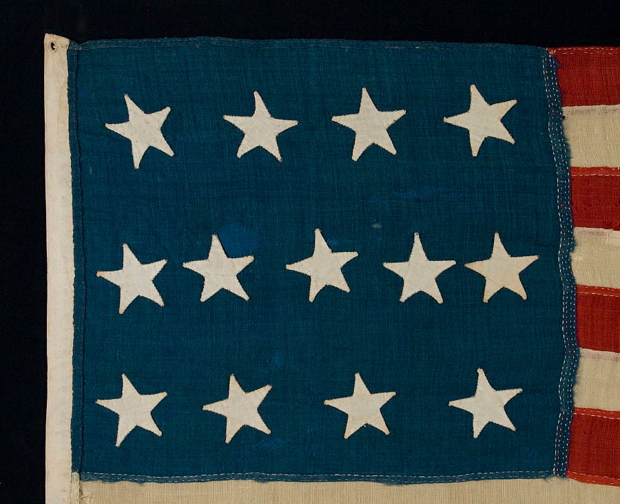 13 STARS IN A 4-5-4 CONFIGURATION, ENTIRELY HAND-SEWN