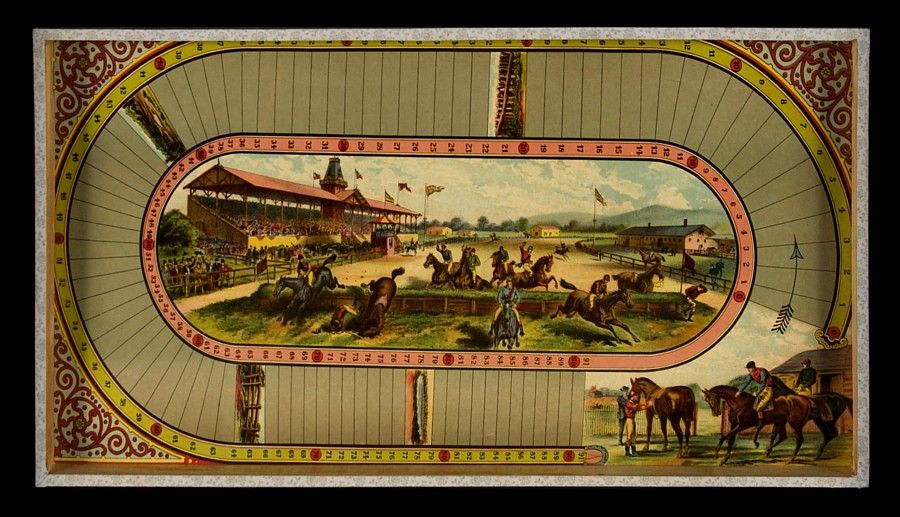 “Derby” steeple chase. McLoughlin Bros, NYC. A terrific 1888 version of the game with splendid lithography over paper and wooden constructed boxes.  Original spinner and playing pieces.  The McLoughlin Bros Company of New York City was a publishing