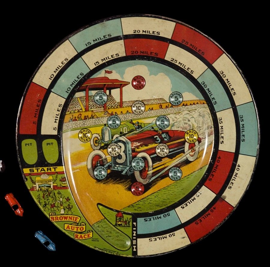 Brownie auto race game with great colors and graphics, ca 1925.  The Jeannette Toy and Novelty Co was based in Jeannette, PA and began in 1898.  The company lithographed tin toys, as well as children’s tea sets and glass candy dishes.  This