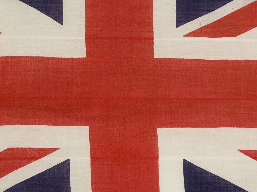 BRITISH UNION JACK, PRESS-DYED WOOL, WWI-WWII ERA (1914-1945):<br />
<br />
British Union Jack, made sometime between approximately WWI (British involvement 1914-1918) and WWII (British involvement 1939-1945), probably on the early side of this