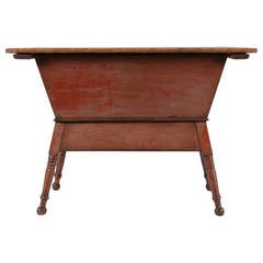 Antique Southern Country Dough Table on Turned Feet in Salmon Red Paint