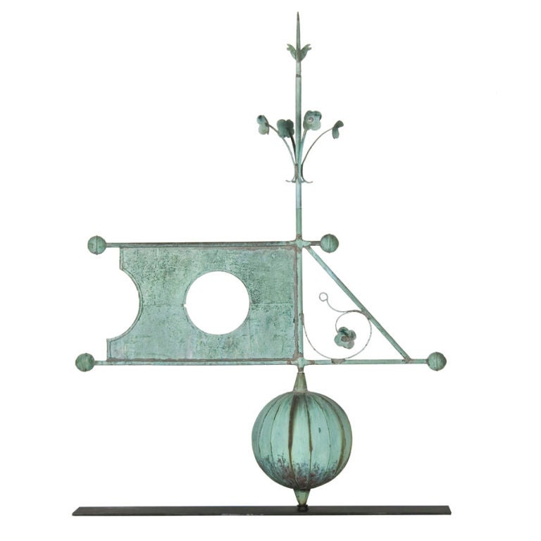 Found in Pennsylvania on a stone mill along the Schuylkill River, near Pottstown, this banner weathervane exhibits the best the form has to offer.  The geometric balance and original, verdigris surface are terrific, but perhaps the best trait is the