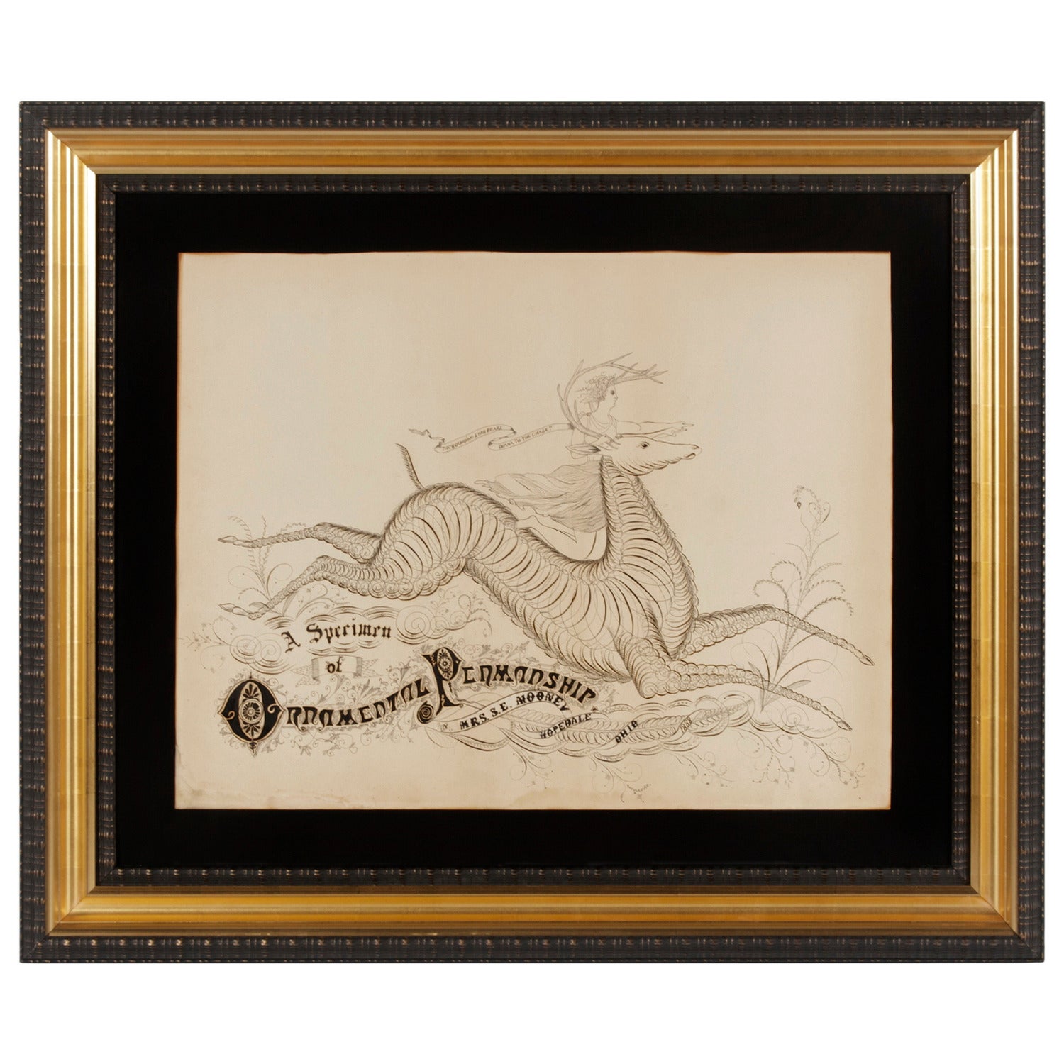 1888 Calligraphy of Diana, Goddess of the Hunt, Riding a Stag For Sale