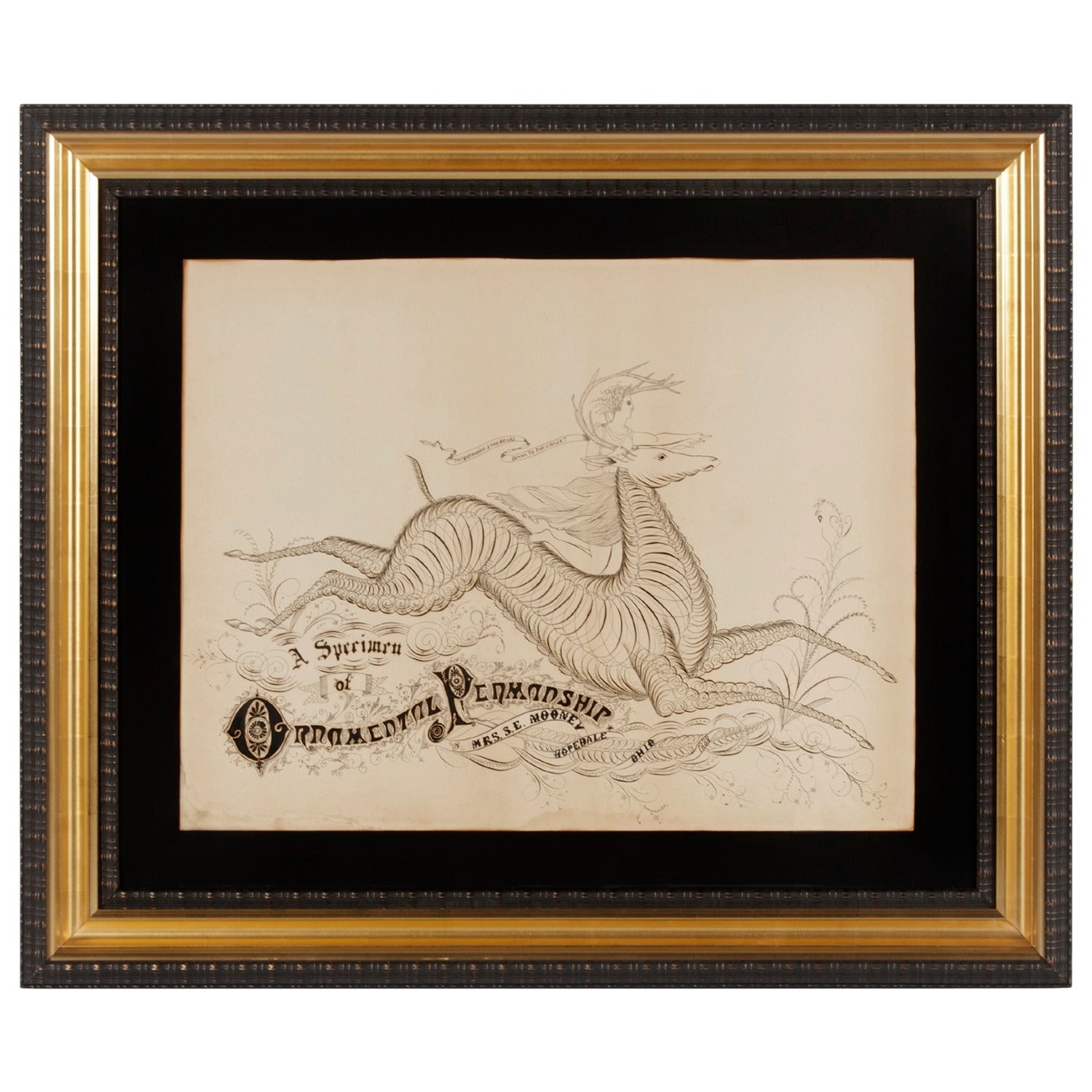 1888 Caligrafía de Diana, diosa de la caza, montando un ciervo
