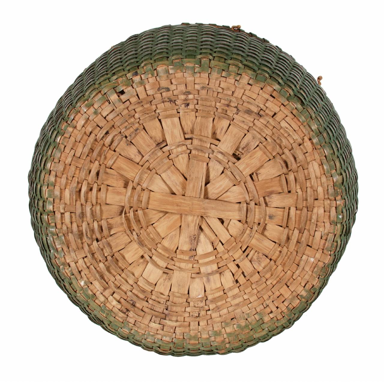 Wood Lidded and Lined Splint Basket in Green Paint, Late 19th Century