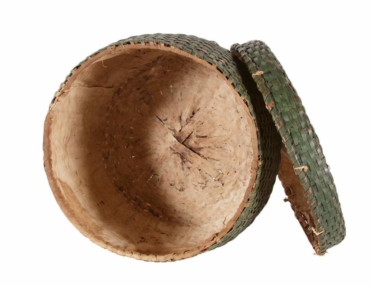 Lidded and lined splint basket in green paint, last quarter of the 19th century:

Large splint basket with fitted, overlapping lid, lightweight and structurally akin to a feather basket, but wide-mouthed and relatively shallow in shape when