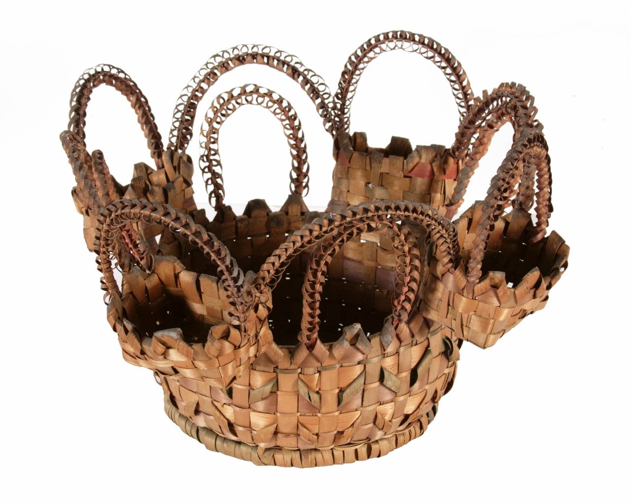 PASSAMAQUODDY(MAINE) NATIVE AMERICAN SEWING BASKET WITH AN EXTRAORDINARILY EXUBERANT DESIGN,DATED 1891 WITH A PENCILED INSCRIPTION:

This is perhaps the most elaborate American Indian sewing basket that I have ever encountered. Of Passamaquoddy