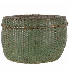 Lidded and Lined Splint Basket in Green Paint, Late 19th Century