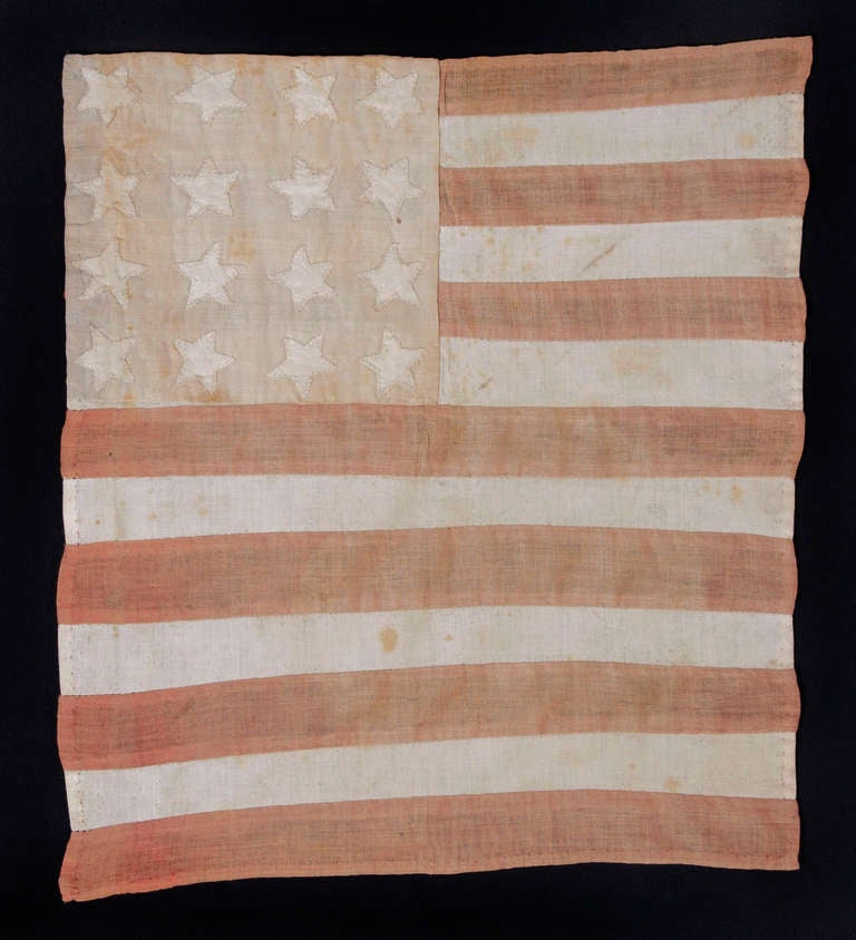 WWI, BELGIAN-MADE FLAG WITH 16 STARS AND ITS CANTON RESTING ON THE WAR STRIPE, USED TO WELCOME U.S. SOLDIERS AFTER LIBERATION FROM THE GERMANS, 1918:

 16 star American national flag with wonderful folk qualities, found in France along with a