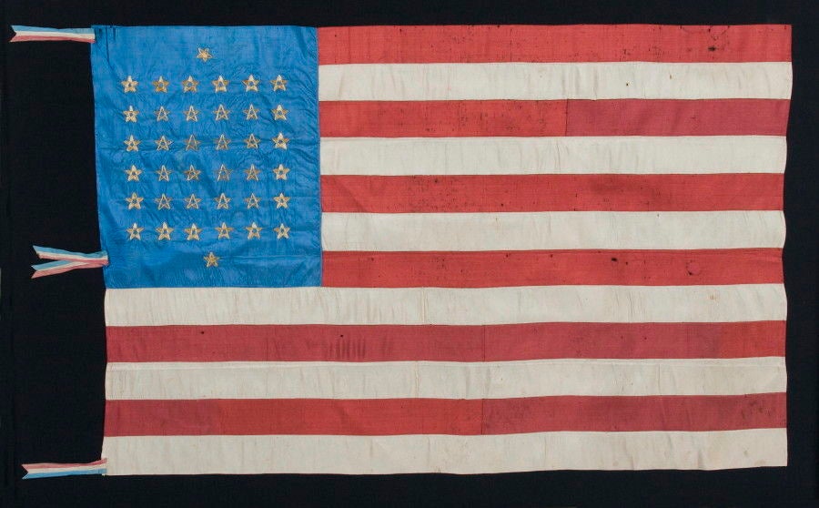 American 38 Star, Silk Flag With Embroidered Stars & 12 Stripes