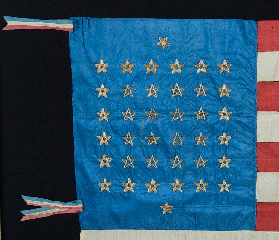 19th Century 38 Star, Silk Flag With Embroidered Stars & 12 Stripes