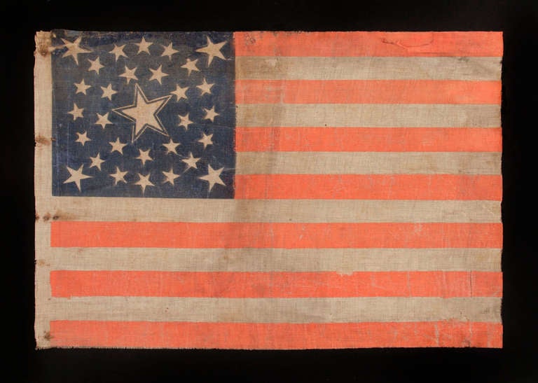 30 STARS, PRE-CIVIL WAR, RARE AND BEAUTIFUL WITH A MEDALLION CONFIGURATION THAT FEATURES A HALOED CENTER STAR, WISCONSIN STATEHOOD, 1848-1850:

 30 star American national parade flag, printed on coarse cotton, with a beautiful form of the