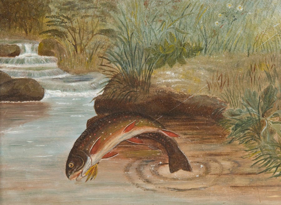 Painting of a leaping brook trout striking a yellow dry fly in its mouth by artist Samuel Kilbourne (1836-1881).  Executed in oil on board, this colorful, 1860-1880 work is Kilbourne's signature image.  The most famous of these was sold to the Orvis