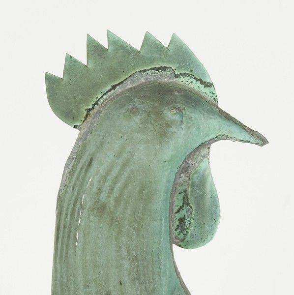Rooster weathervane, full-bodied copper with untouched, natural verdegris surface that scores a 9.5 or better on a scale of 1-10. Made circa 1870-1900. The stand, also antique, is probably a general store display accessory. With a bell-shaped,