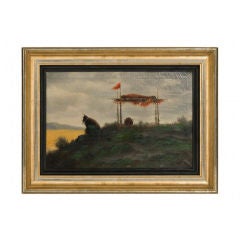 Antique Painting Of A Mourning Indian Next To A Burial Scaffold