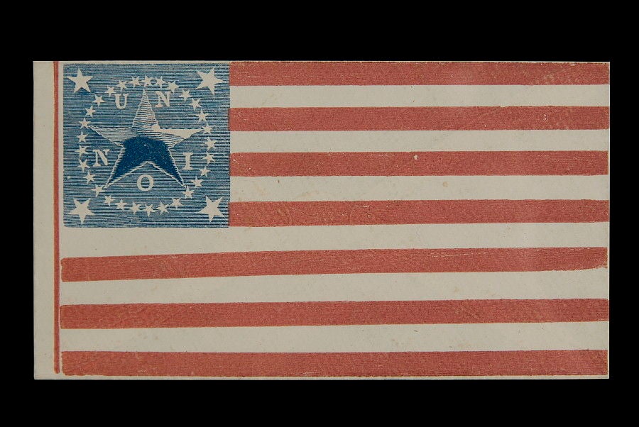 34 STAR AMERICAN FLAG COVER WITH A SINGLE WREATH STAR PATTERN, A HUGE CENTER STAR, AND THE LETTERS U-N-I-O-N DISTRIBUTED BETWEEN THE ARMS OF THE CENTER STAR, 1861-63, CIVIL WAR PERIOD: <br />
<br />
34-star American national flag cover (small 19th