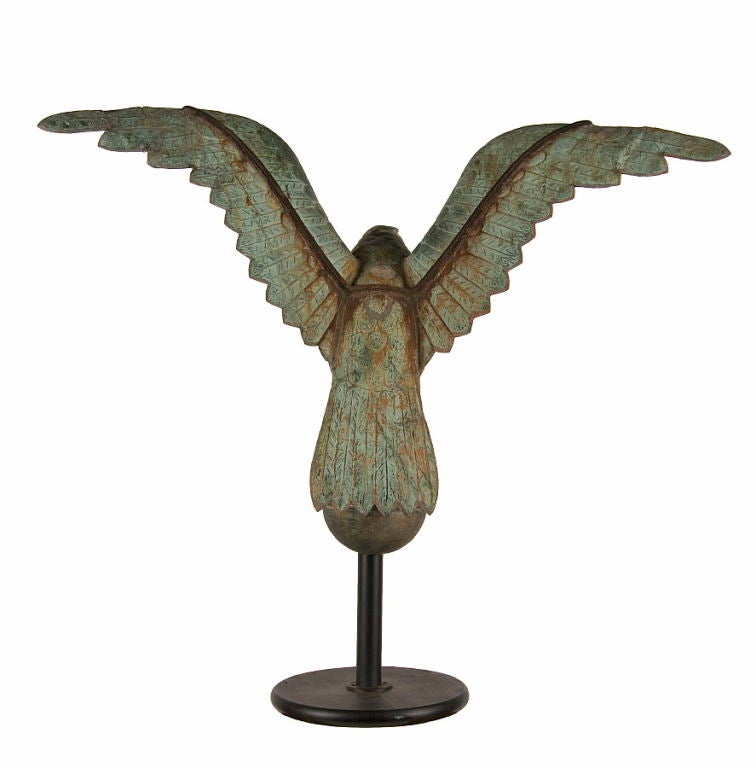 LARGE EAGLE WEATHERVANE, A PARTICULARLY EARLY EXAMPLE FOR THIS FORM, A GREAT FIND WITH LEGITIMATE EARLY SURFACE AND APPROPRIATE WEAR, CA 1850-80:

Eagle weathervanes are not precisely unusual. They donâ??t outnumber horses or roosters, but