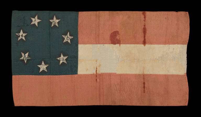 CONFEDERATE FIRST NATIONAL (STARS & BARS) PATTERN BIBLE FLAG IN A LARGE SCALE WITH 7 WHITE-PAINTED STARS, MADE AT THE OPENING OF THE WAR, 1861:

 Confederate Bible flag in the first national format (a.k.a., Stars & Bars), made of silk and entirely