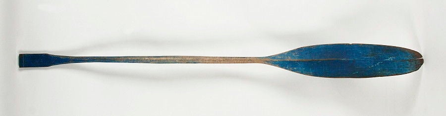 NATIVE AMERICAN BARGE CANOE PADDLE, MADE BY THE PENOBSCOT INDIANS IN MAINE FOR THE HUDSON BAY COMPANY, CA 1860: <br />
<br />
Tiger maple, Native American canoe paddle in vibrant blue paint, made by the Penobscot Indians in Maine for the Hudson