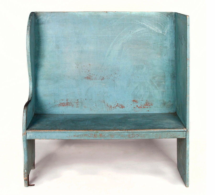 PAIR OF ROBIN'S EGG BLUE-PAINTED BENCHES FROM A PORTICO ON AN 1890'S HOME IN CANAAN, NEW YORK:

Rare pair of matching high-back settle benches, made circa 1890, found on the front porch portico of a home of the same period in Canaan, New York,