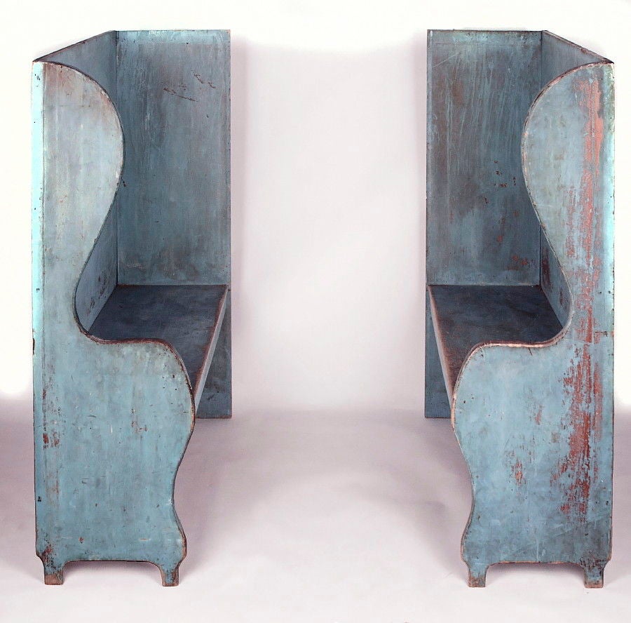 American Pair of Robin's Egg Blue-Painted Benches