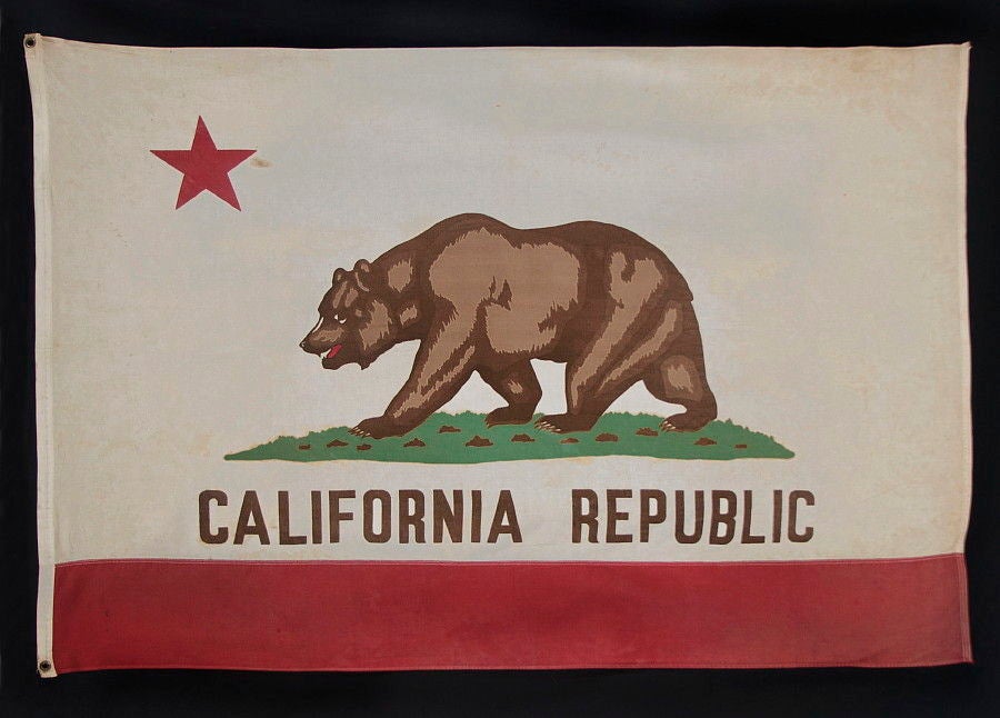 CALIFORNIA STATE FLAG, 1940-1950, MADE BY PARAMOUNT IN SAN FRANCISCO:<br />
<br />
19th century state flags fall between very scarce and extraordinarily rare in the antiques marketplace. One primary reason for this is that most states didn’t even