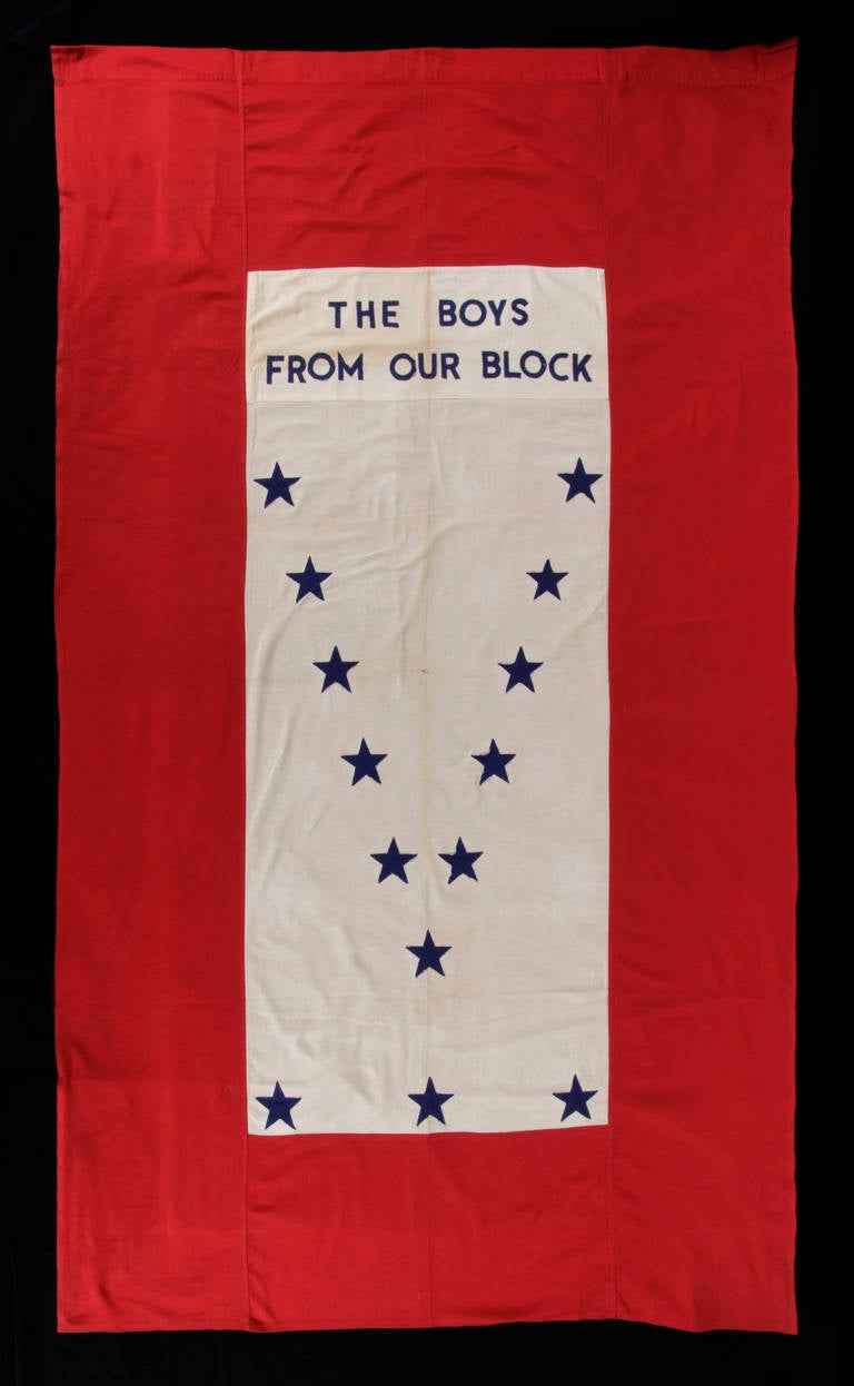 Perhaps the best WWII Son-In-Service banner i have ever encountered, with an all-American slogan that personalizes the war and 11 of its 14 stars arranged in 