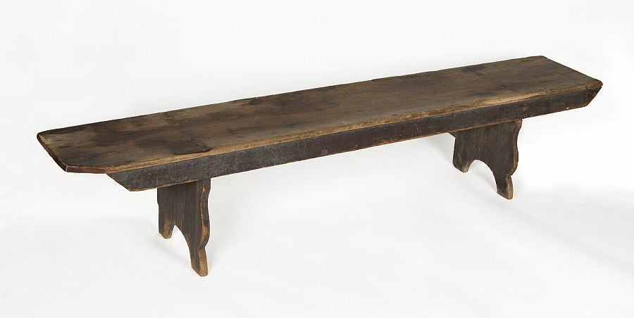 LONG PENNSYLVANIA WATER BENCH WITH TRIPLE-MORTISED CONSTRUCTION AND BEAUTIFULLY SCALLOPED LEGS, CA 1850:

This classic Pennsylvania water bench has the construction and form indicative of the mid-19th century. Long and narrow, the feet are