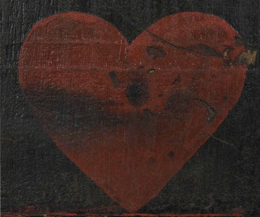 Hearts are an unusual element to see among the imagery painted on 19th century game boards. This homemade example was constructed circa 1840-50 and repainted in the 1870's-80's. At that time, the molded dividers for trays at the ends were removed so