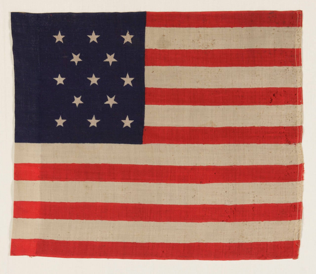 13 STAR U.S. MILITARY CAMP COLORS, PRESS-DYED ON WOOL BUNTING, CIVIL WAR OR EARLY INDIAN WARS PERIOD, 1861-1876, ONE OF JUST THREE KNOWN EXAMPLES: 

American military camp colors of the 19th century are rare in the antiques marketplace. These little