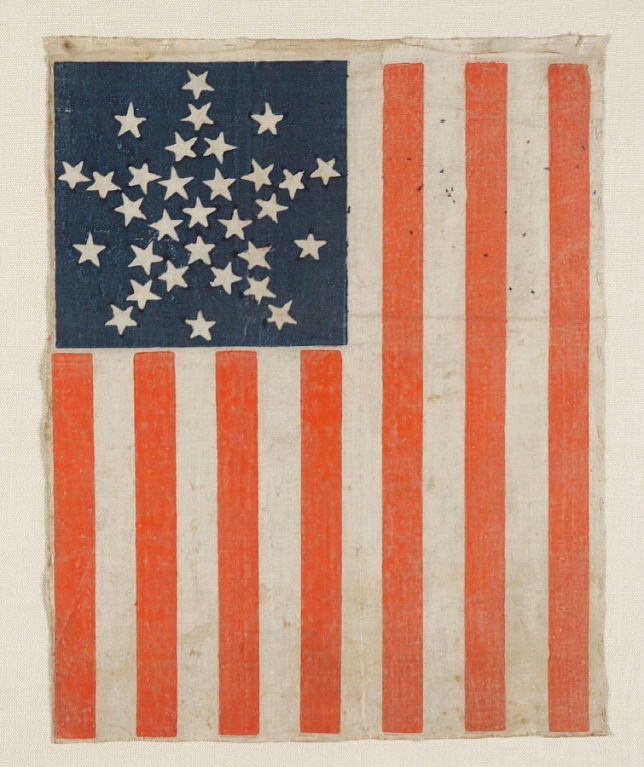 31 STARS ARRANGED IN A RARE VARIATION OF THE “GREAT STAR” PATTERN THAT HAS A STAR BETWEEN EACH ARM, PRE-CIVIL WAR, CALIFORNIA STATEHOOD, 1850-1858:<br />
<br />
31 star American national parade flag, printed on glazed cotton. The stars are