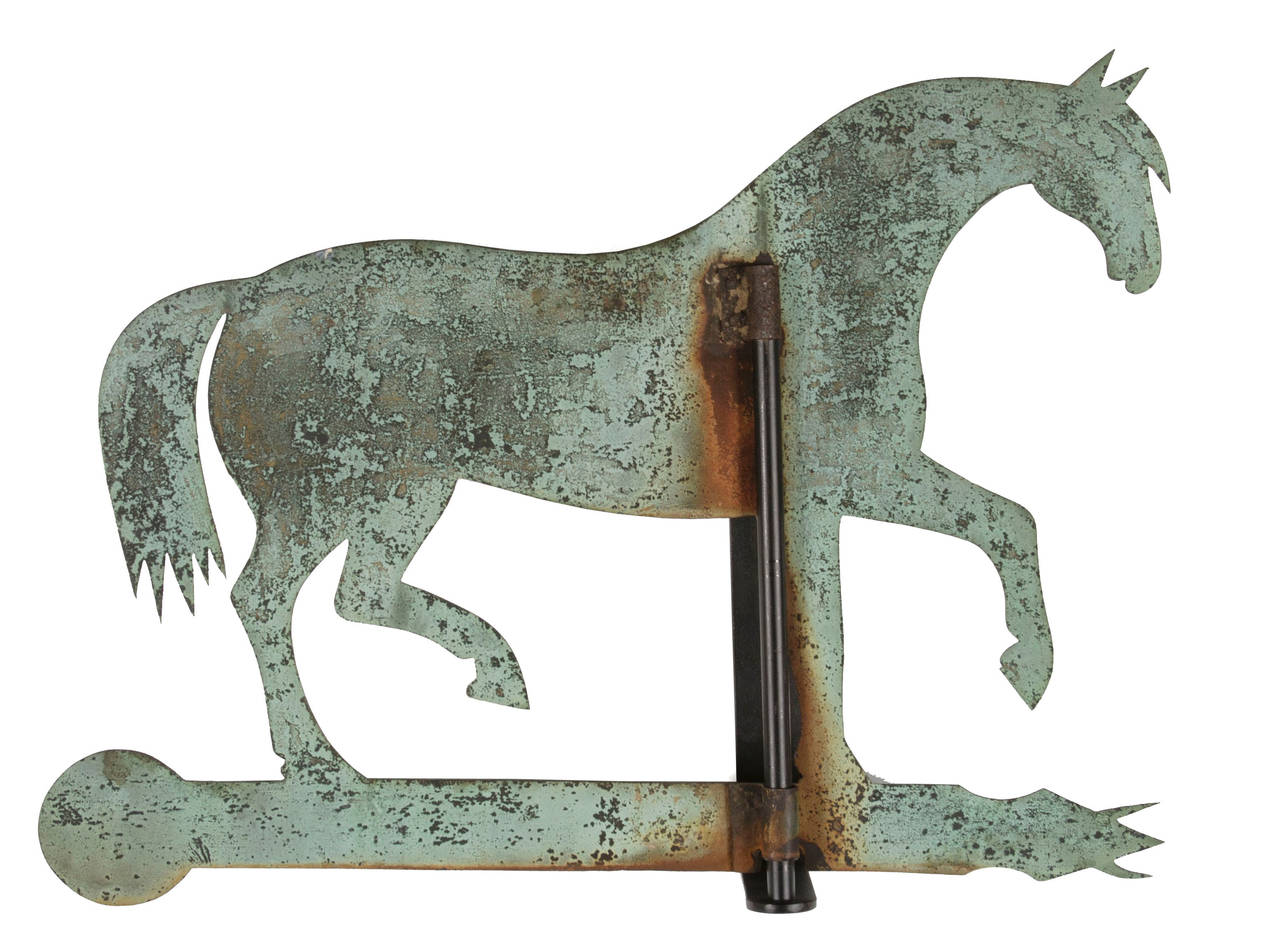 HORSE WEATHERVANE MADE OF SHEET BRONZE WITH IRON FITTINGS AND SUPERB FOLK QUALITY, CA 1840-60: 

 Sheet bronze horse weathervane with beautiful form that borders on a masterpiece level of folk quality. Note how the curvature of the dipped head