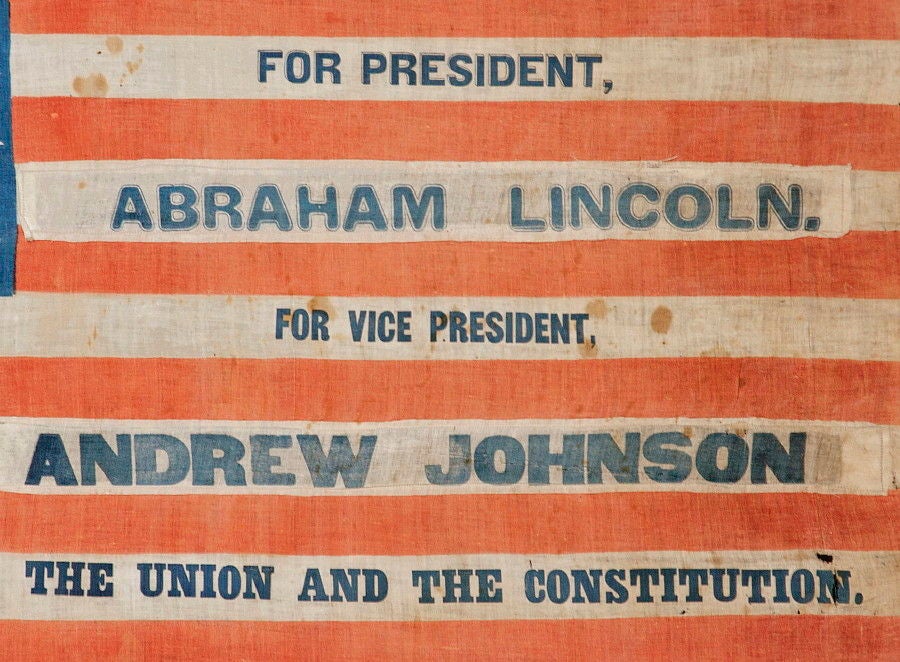 1864 LINCOLN & JOHNSON PRESIDENTIAL CAMPAIGN PARADE FLAG, RECYCLED FROM AN 1860 JOHN BELL, CONSTITUTIONAL UNION PARTY FLAG, WITH 35 STARS ARRANGED IN A UNIQUE VARIANT OF A 